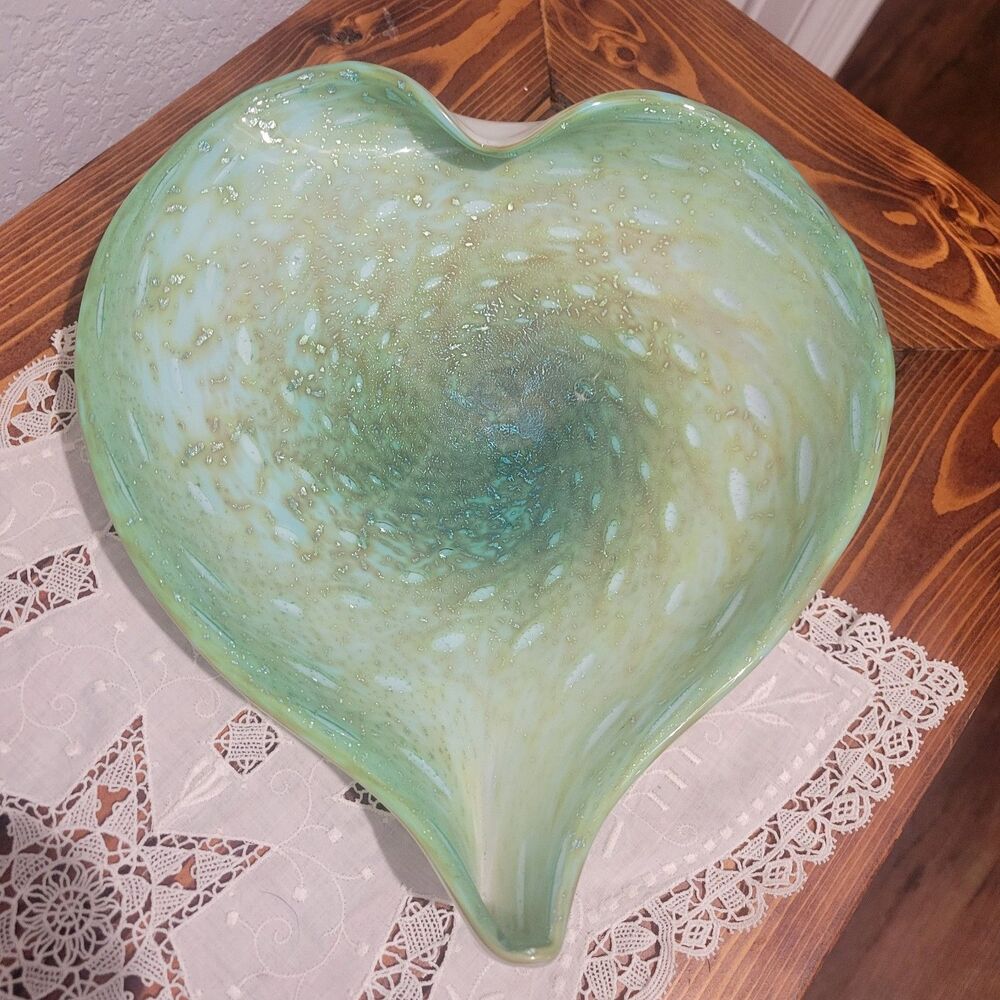VTG. Venetian Murano Glass Heart Shaped Dish Multi Color w/ Silver/Gold Flecks